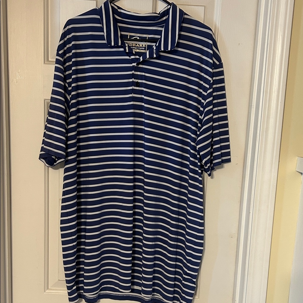 Drake Men's Striped Performance Golf Polo Shirt Blue and White